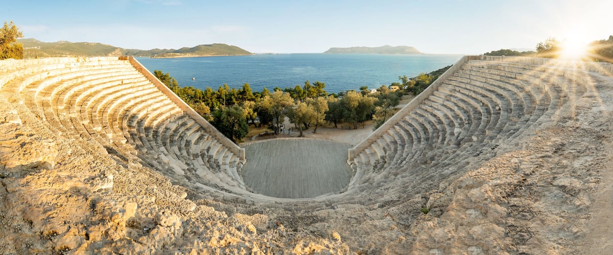 Wide angle sunset photo of Antiphellos amphitheatre in Kaş, Antalya, Turkey