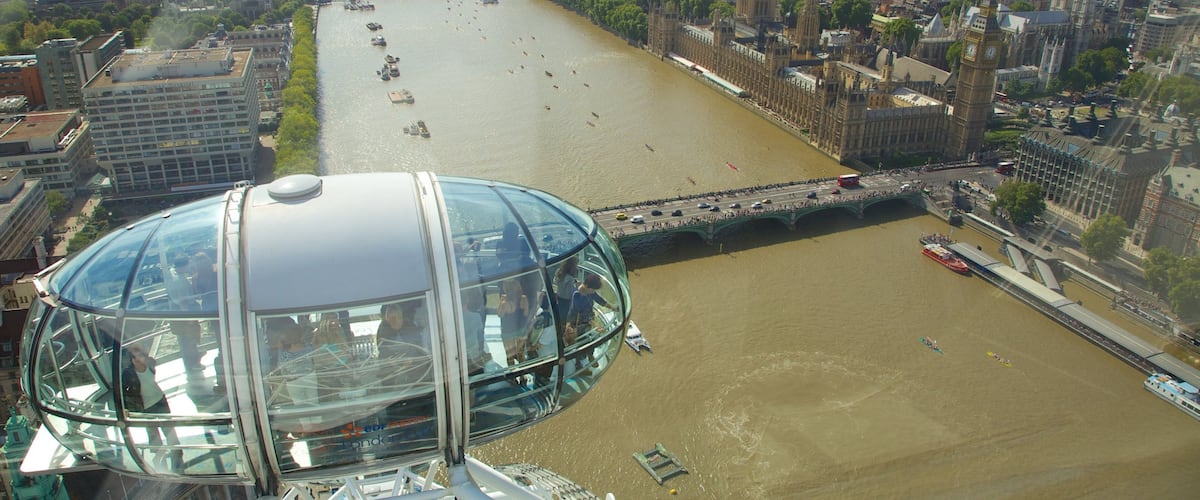 View from the London Eye overlooking the River Thames and iconic landmarks in London, England