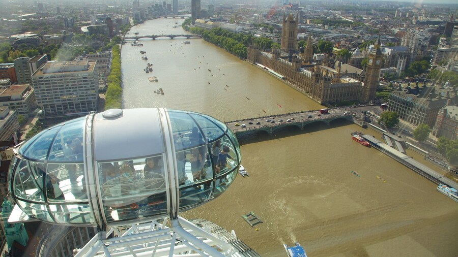 View from the London Eye overlooking the River Thames and iconic landmarks in London, England