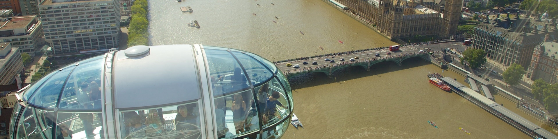 View from the London Eye overlooking the River Thames and iconic landmarks in London, England