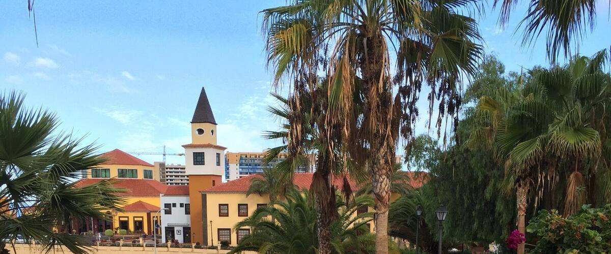 A landscaped garden with palm trees, flowering bushes, and a view of a multi-story building with a red roof.