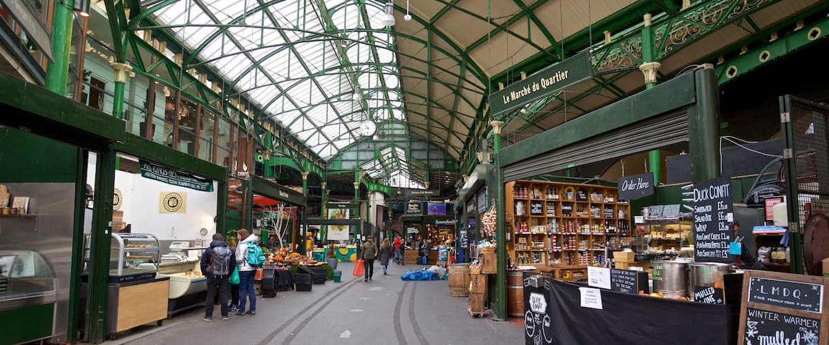 Mercado de Borough mostrando mercados, señalización y escenas urbanas