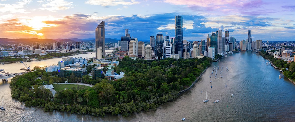 Panorama of Brisbane skyline at sunset