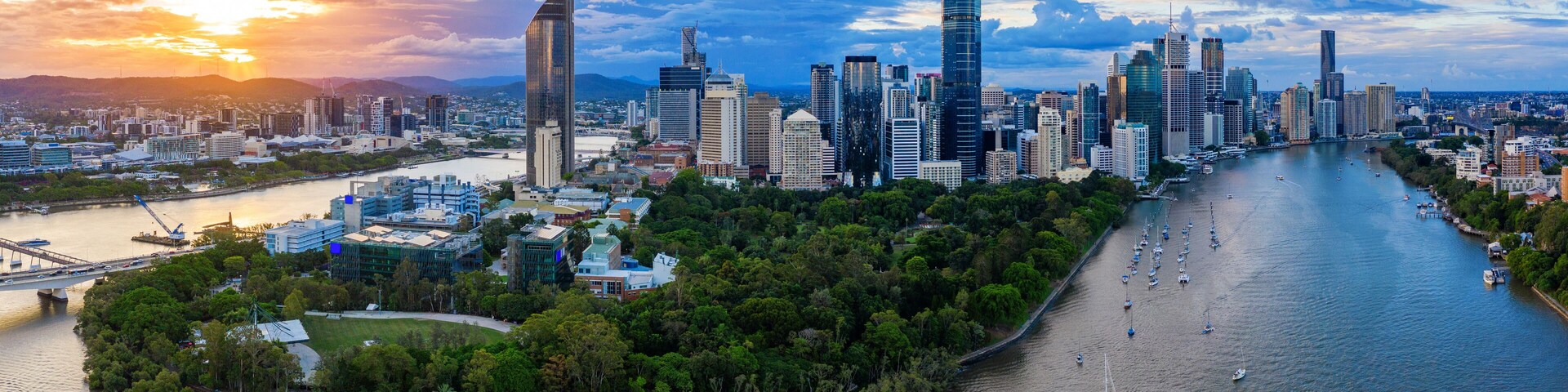 Panorama of Brisbane skyline at sunset