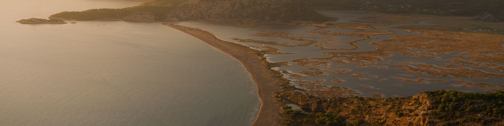 Sunset panoramic view from the top of Iztuzu beach. Ortaca district, Muğla, Türkiye
