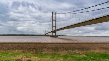 Grey clouds over the Humber Bridge, seen from Barton-Upon-Humber in North Lincolnshire, England, UK