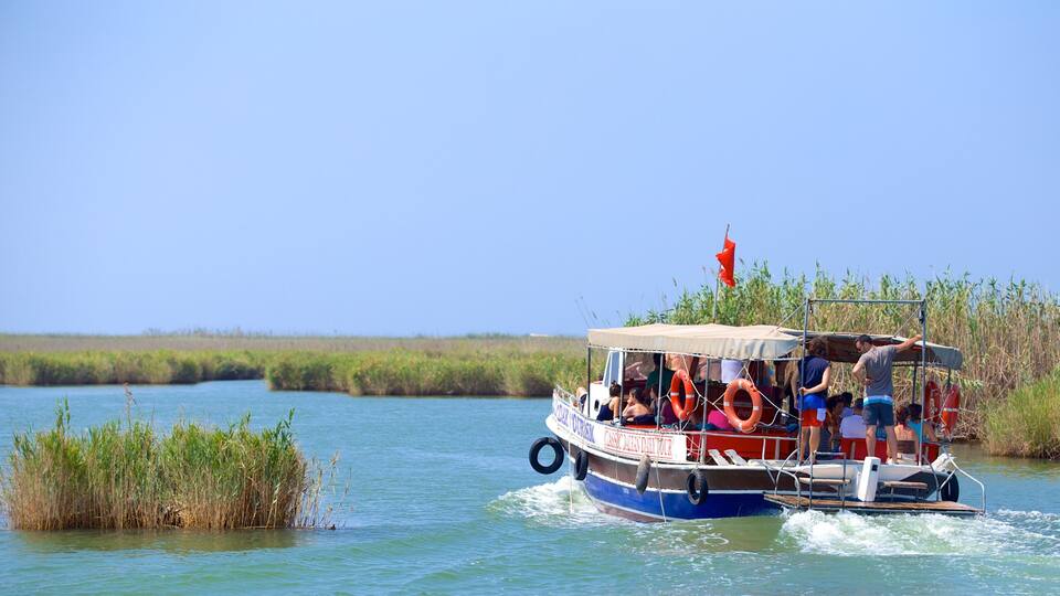 A boat with tourists on a calm river surrounded by marshland.