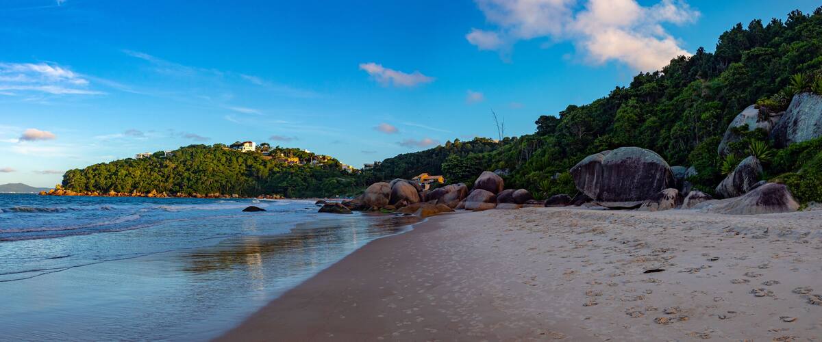 A beach with large rocks, a sandy shore, and a forested hill in the background.