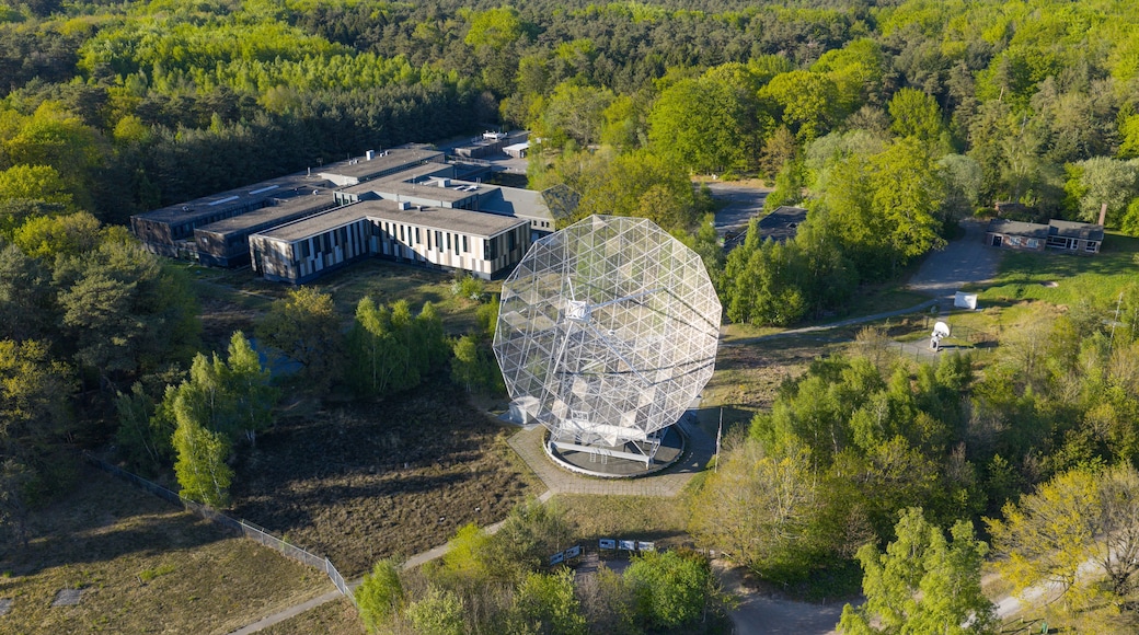 Een observatorium met een grote koepelstructuur te midden van een bebost gebied.
