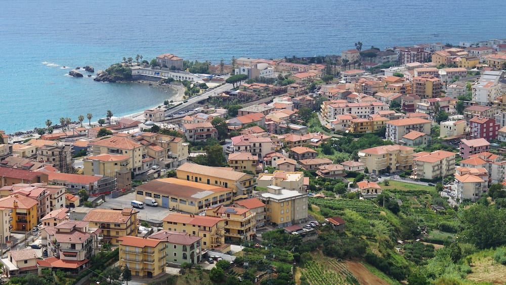 A coastal town with terracotta-roofed buildings, a marina, and a hillside vineyard.