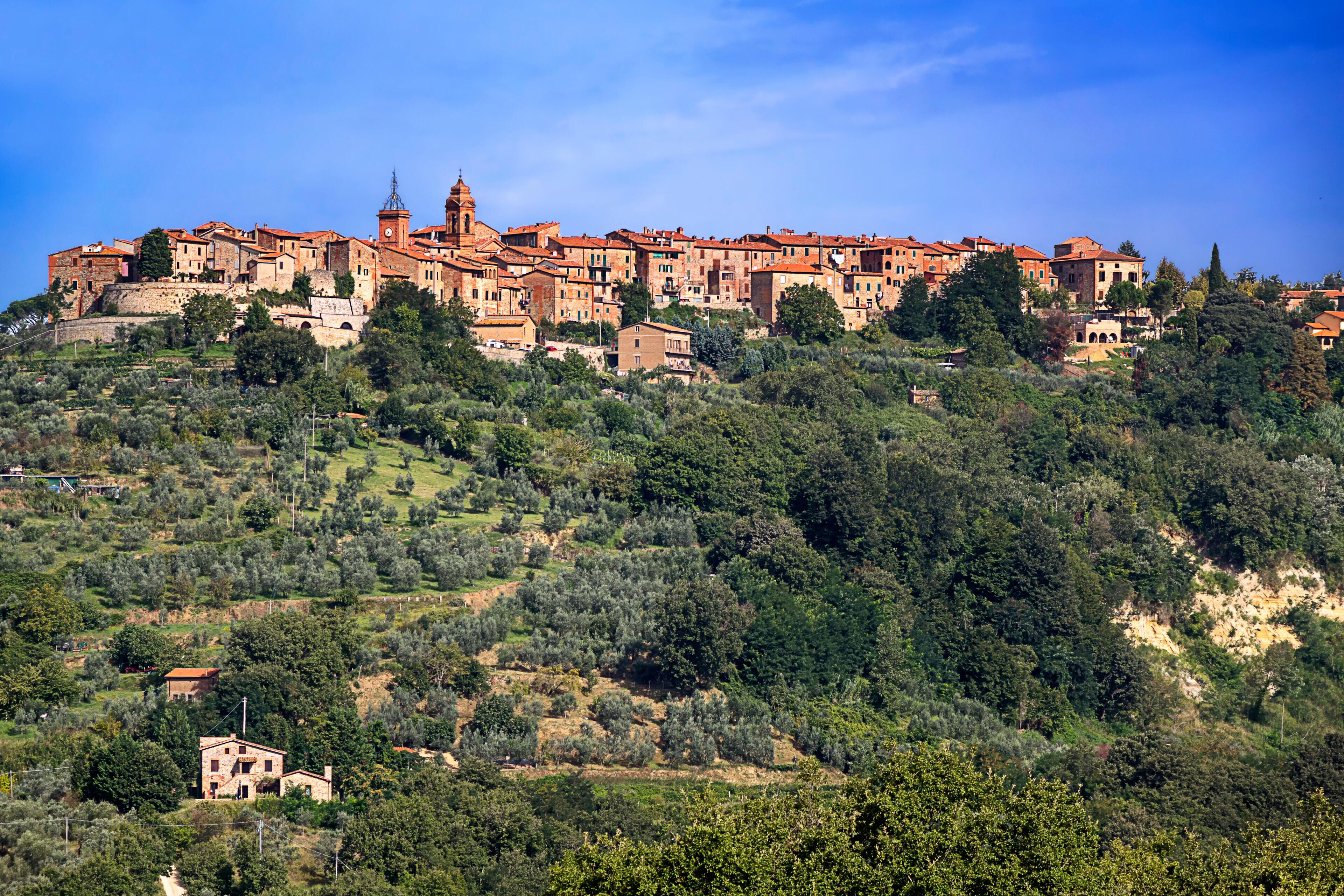 A hillside town with historic buildings and a prominent church.
