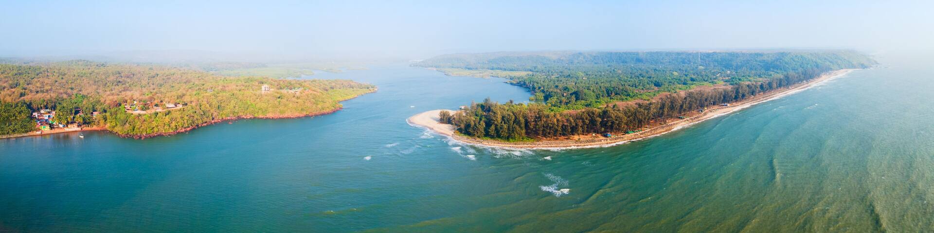 Querim beach, Terekhol river aerial panoramic view, Goa