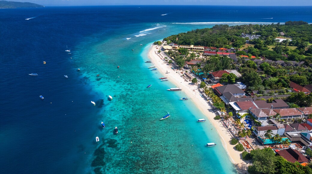 Aerial view of Gili Trawangan beach with boats anchored in the ocean, Gili Trawangan, Gili Islands archipelago, Lombok, West Nusa Tenggara, Indonesia, Southeast Asia