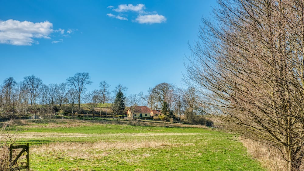 Swedish countryside house in a grassy field or green meadow provides a countryside lifestyle illustration. Farmer house with a pitched roof in a Nordic, peaceful rural countryside. Svedala, Sweden