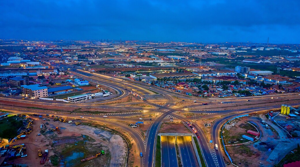 Ghana, Aerial of Tema Interchange at night.