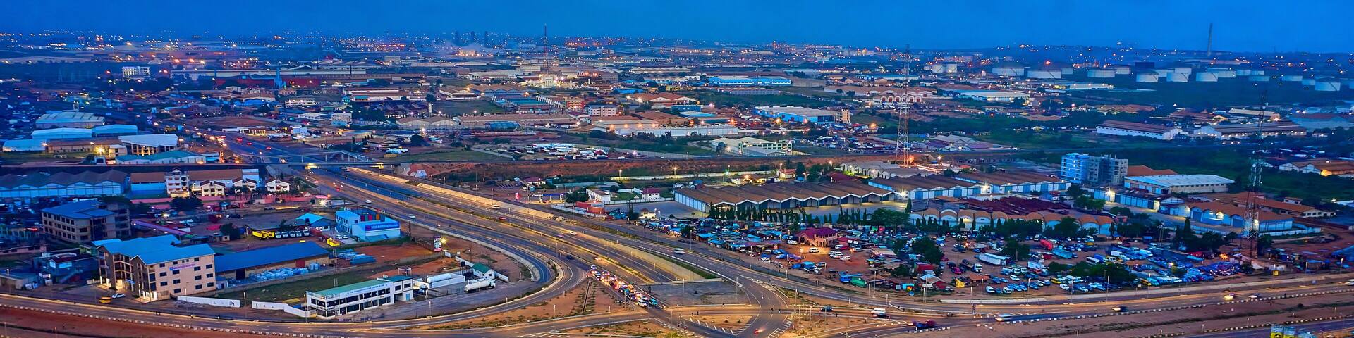 Ghana, Aerial of Tema Interchange at night.