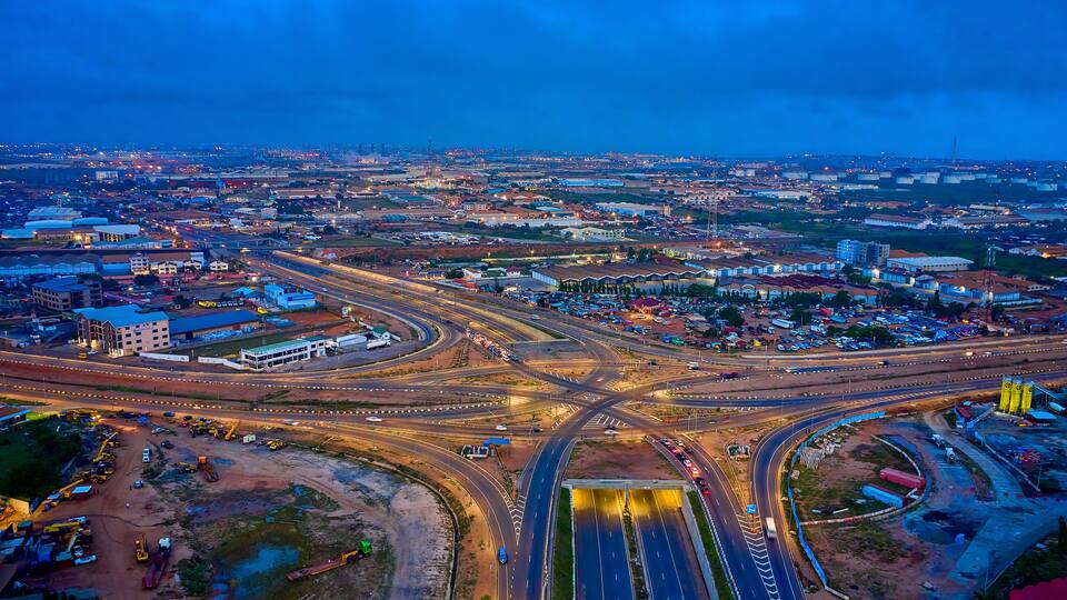 Ghana, Aerial of Tema Interchange at night.