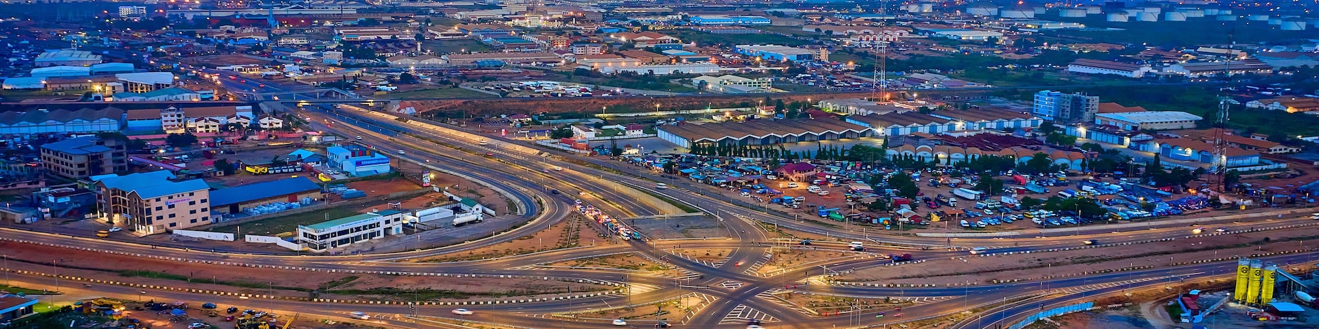 Ghana, Aerial of Tema Interchange at night.