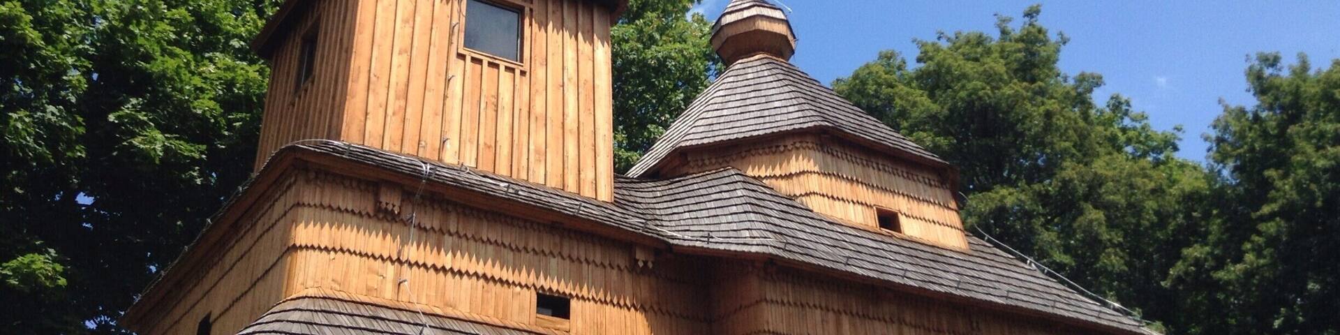 The wooden church of St. Archangel Michael was originally built in Nová Sedlica in 1764, although was moved to the Exhibition of Folk Architecture in Humenné in the 1970s.
It's an interesting outdoor exhibition, containing many typical buildings of the region, and is worth a visit. Entry is 2 euros.