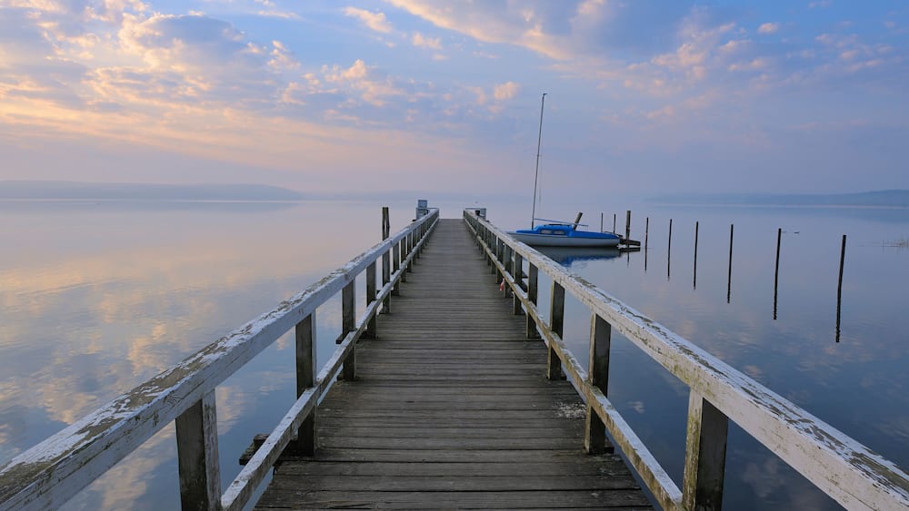 Sunrise and Jetty at Plauer See, Plau am See, Mecklenburg Lake District, Mecklenburg-Vorpommern, Germany