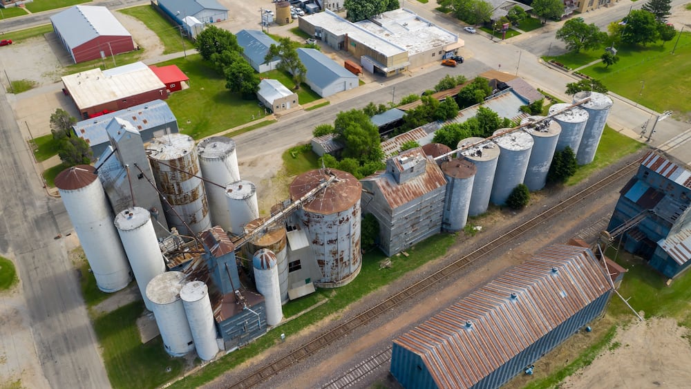 Abandoned grain silos in Wilson, Kansas, United States Of America.