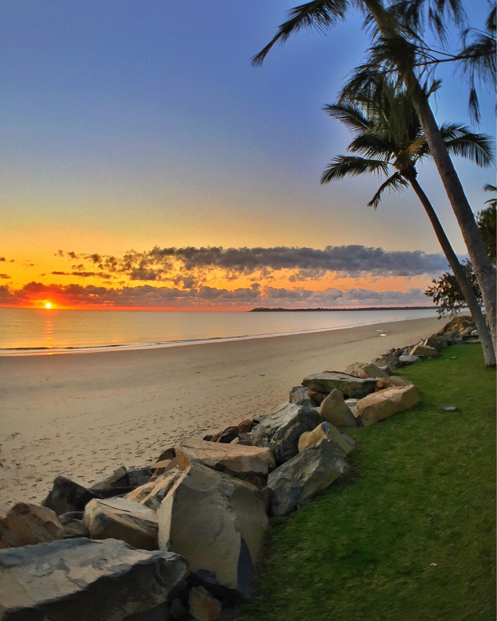 Una playa al atardecer con palmeras y rocas a lo largo de la orilla.