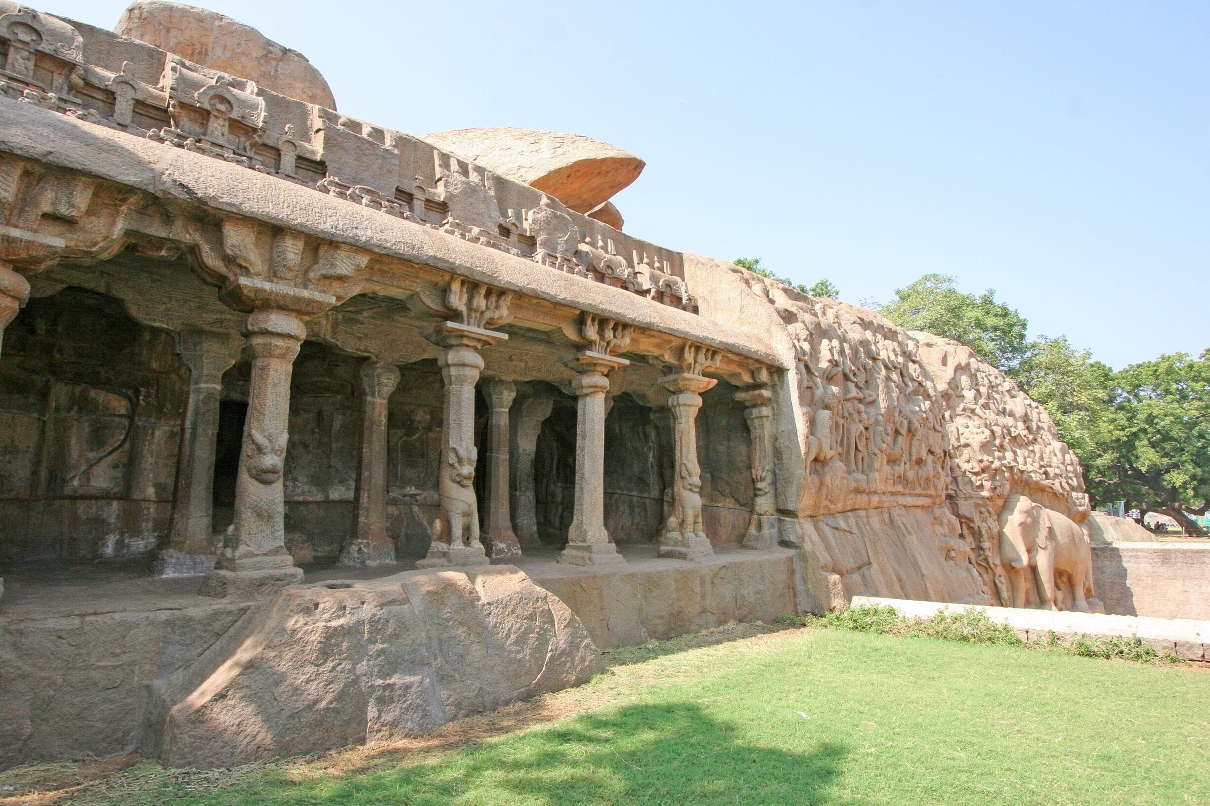 Descent of the Ganges is a monument at Mahabalipuram, on the Coromandel Coast of the Bay of Bengal, in the Kancheepuram district of the state of Tamil Nadu, India. Measuring 96 by 43 feet (29 m × 13 m), it is a giant open-air rock relief carved on two monolithic rock boulders.