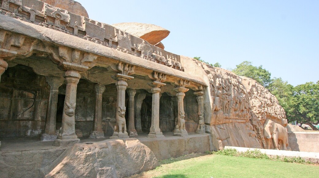 Descent of the Ganges is a monument at Mahabalipuram, on the Coromandel Coast of the Bay of Bengal, in the Kancheepuram district of the state of Tamil Nadu, India. Measuring 96 by 43 feet (29 m × 13 m), it is a giant open-air rock relief carved on two monolithic rock boulders.