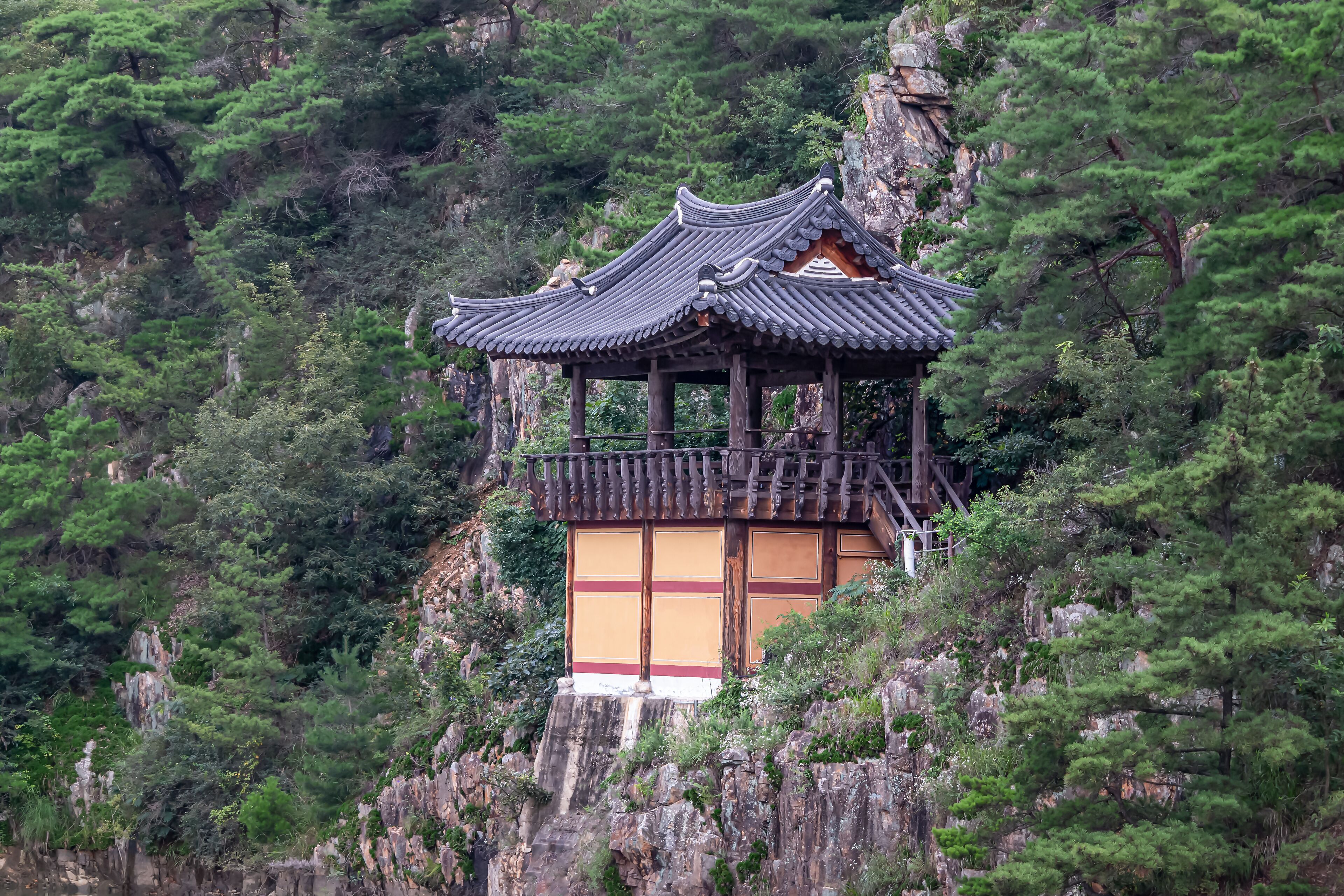 Observatory of traditional building located on the cliff of Geumosan Mountain in Gumi city, South Korea