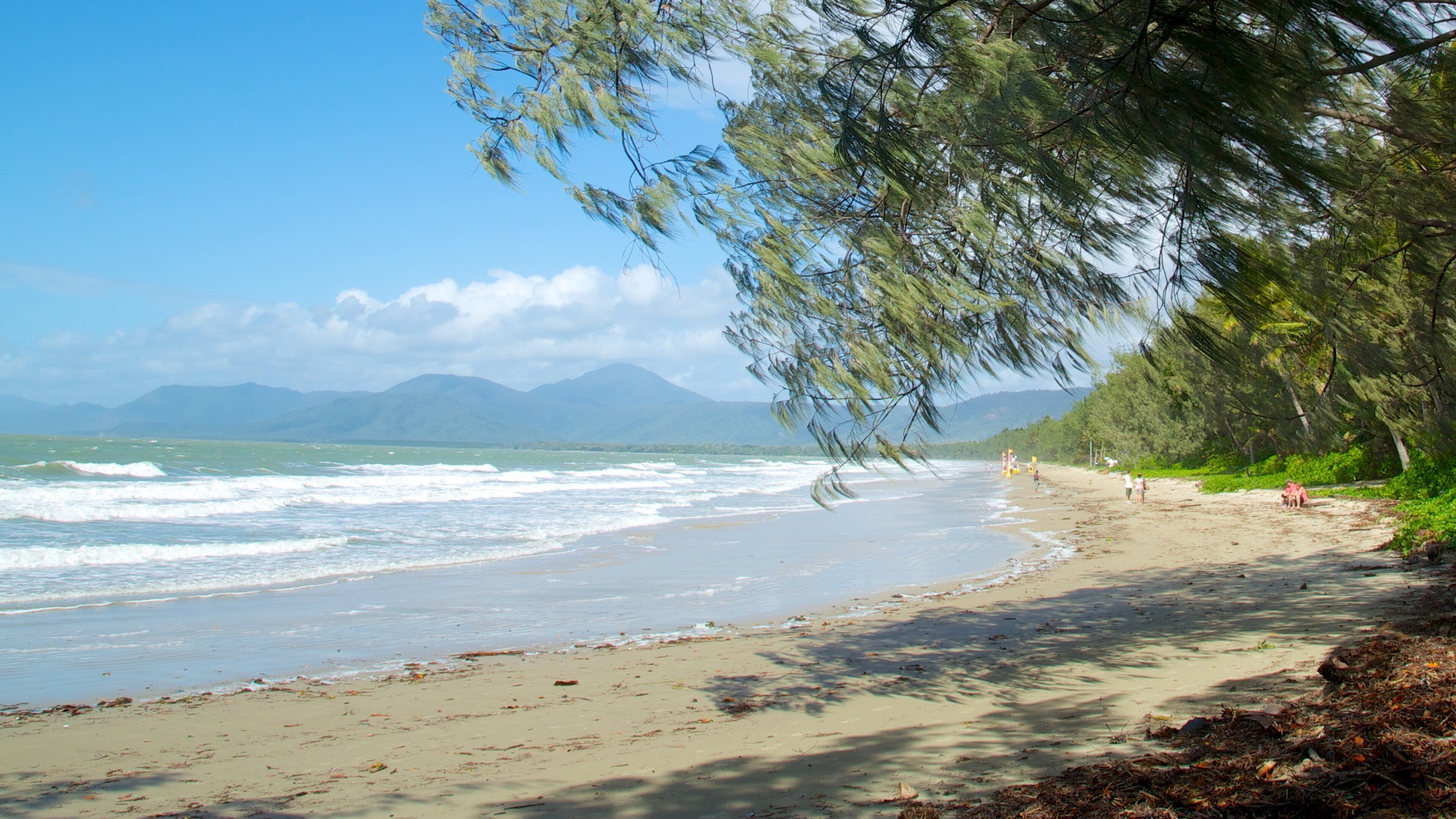 A beach with waves, a clear sky, and mountains in the distance.