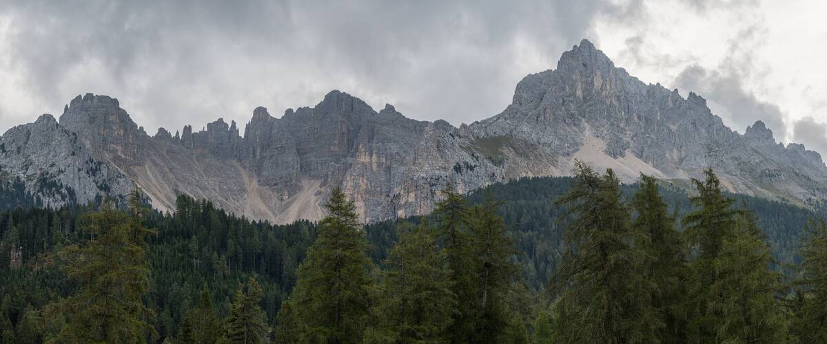A rugged mountain range with dense forests at its base.
