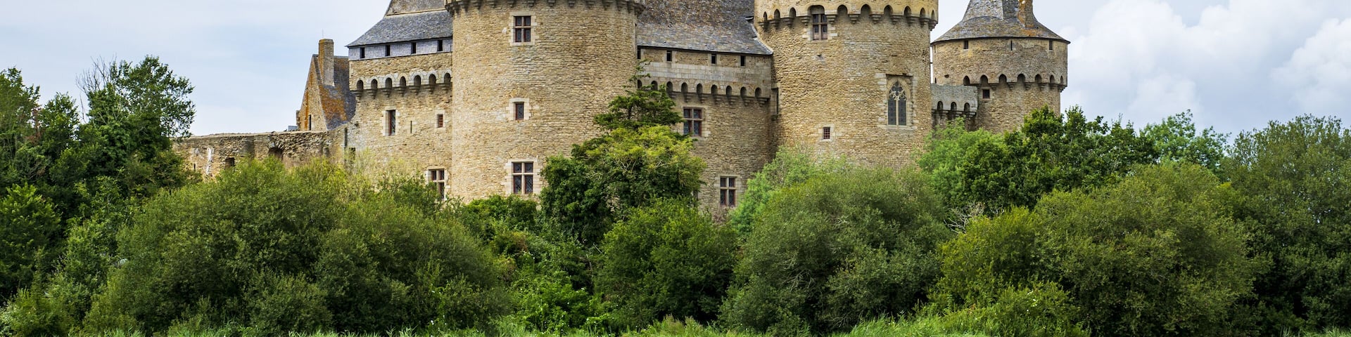 Château de Suscinio classé au titre des Monuments Historiques. Vue générale du château depuis des marais. Sarzeau, Morbihan, Bretagne, France
