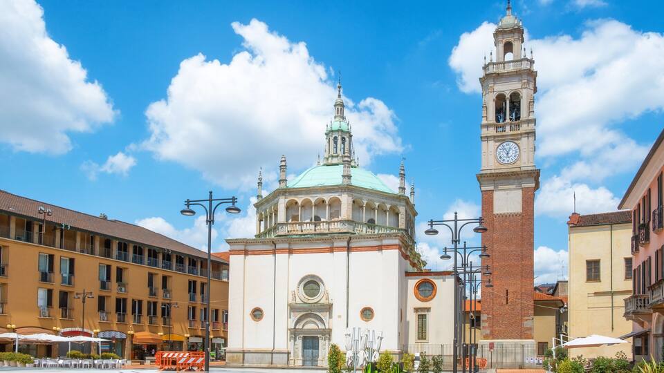 Historic center of Italian city. Busto Arsizio town with Santuario di Santa Maria di Piazza church in province of Varese, Lombardy, Italy. Travel destination