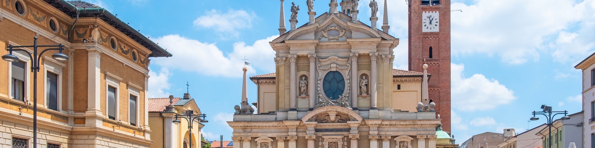 Historic center of Italian city. Busto Arsizio town, piazza San Giovanni with Basilica San Giovanni Battista in province of Varese, Lombardy, Italy. Travel destination