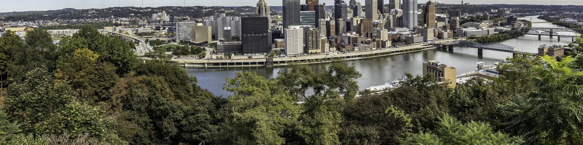A city skyline with modern skyscrapers, a river, and surrounding greenery.
