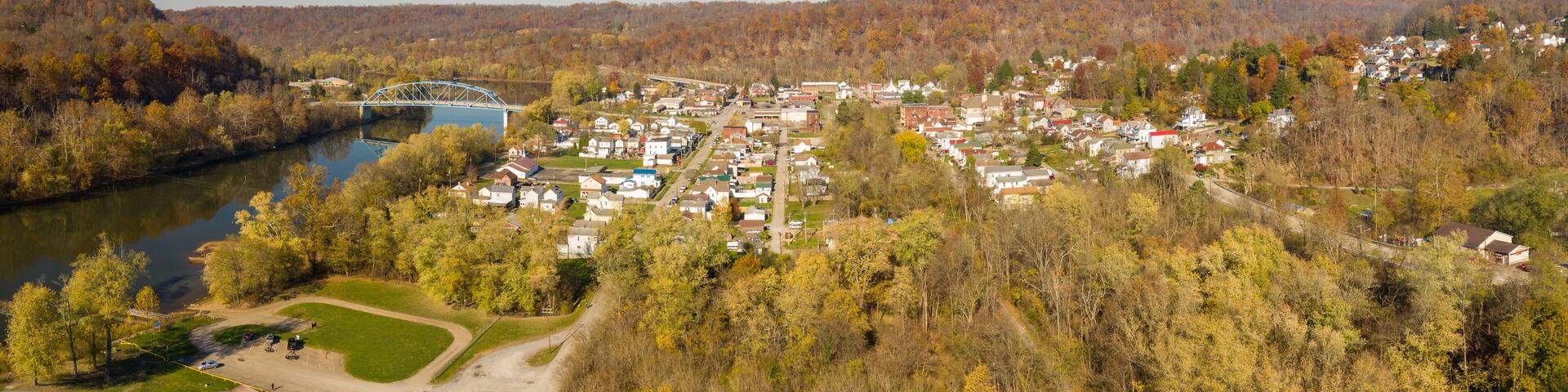 Aerial drone panoramic shot of the downtown area of Point Marion in Pennsylvania