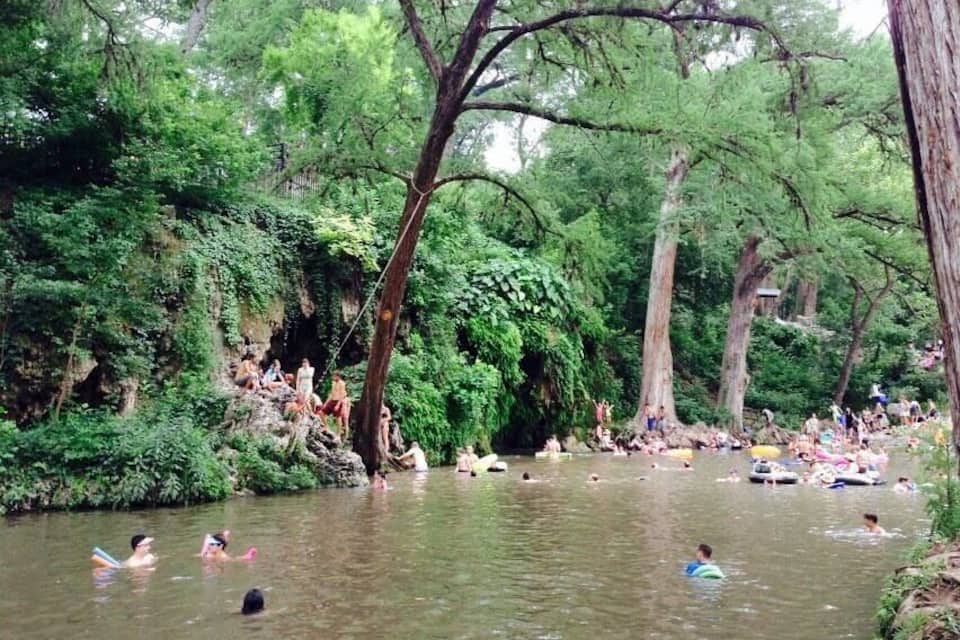 A river surrounded by dense greenery and trees.
