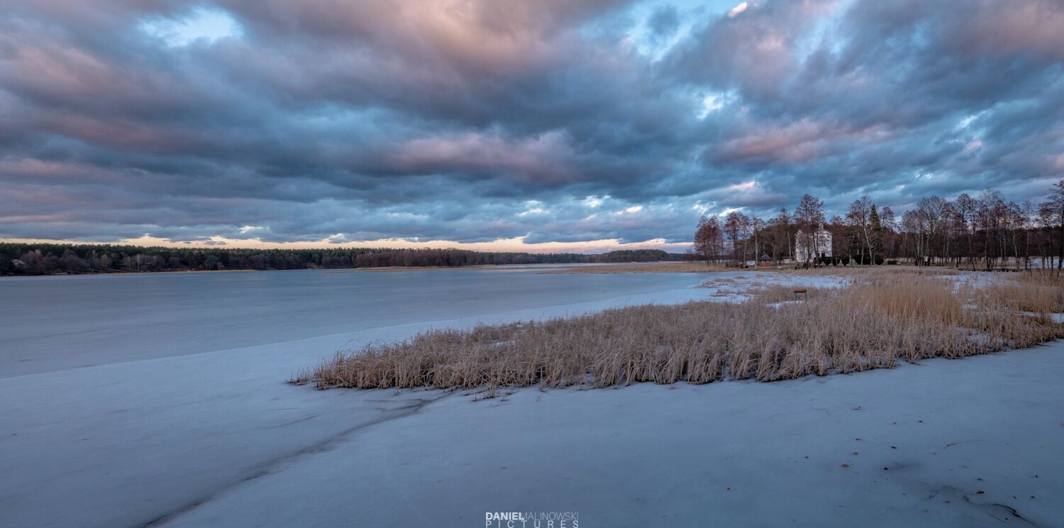 A frozen lake with sparse vegetation and a cloudy sky.