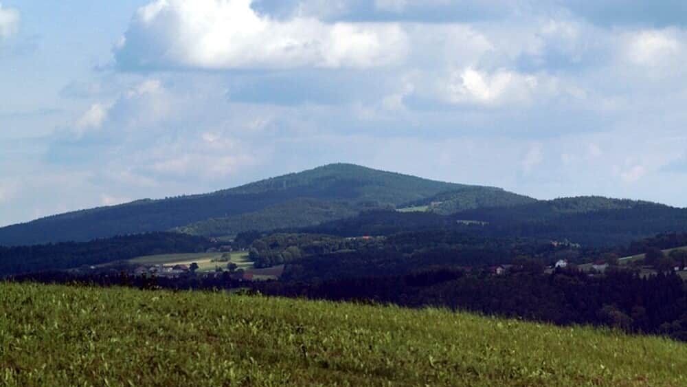 Ein grünes Feld mit einem Berg im Hintergrund.