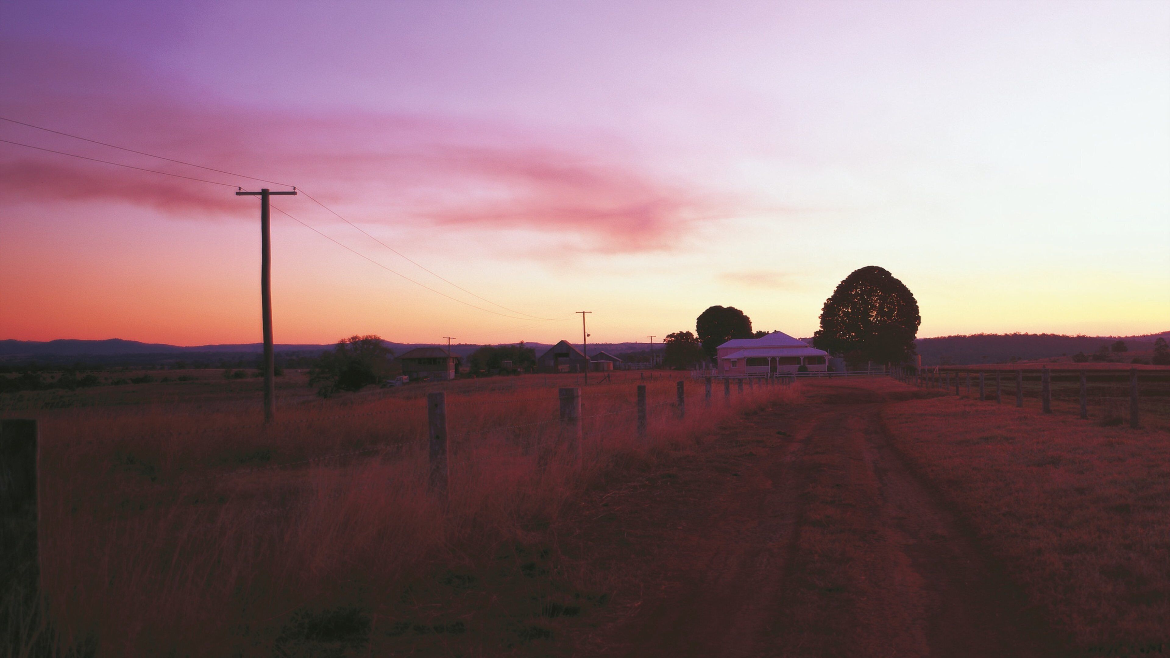Darling Downs featuring farmland and a sunset
