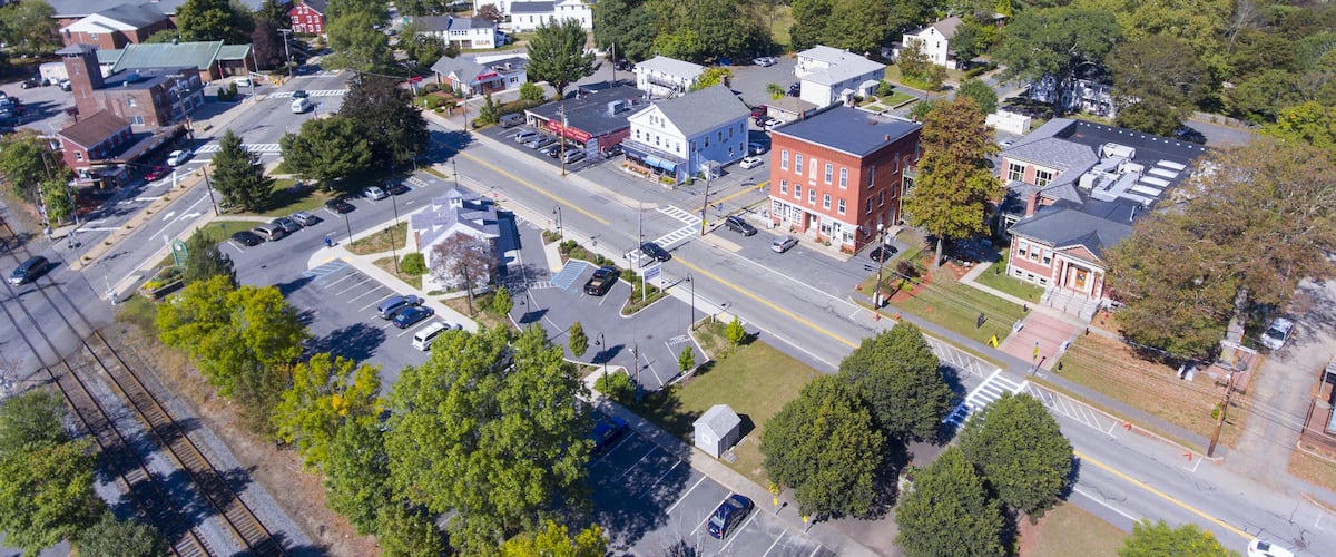Ashland town center aerial view including Federated Church and Town Hall in Ashland, Massachusetts, USA.