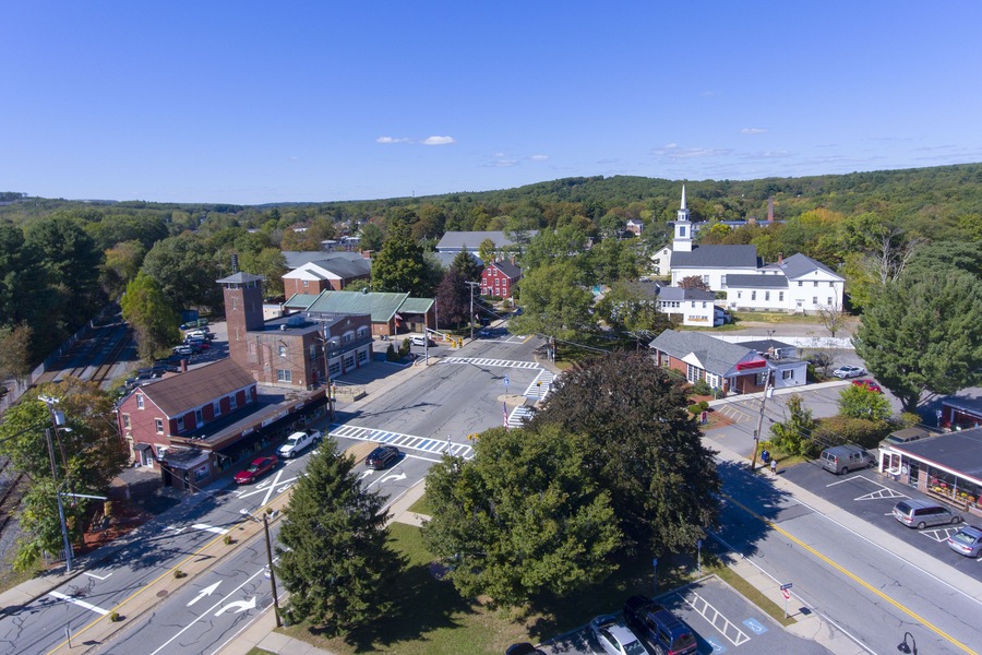 Ashland town center aerial view including Federated Church and Town Hall in Ashland, Massachusetts, USA.