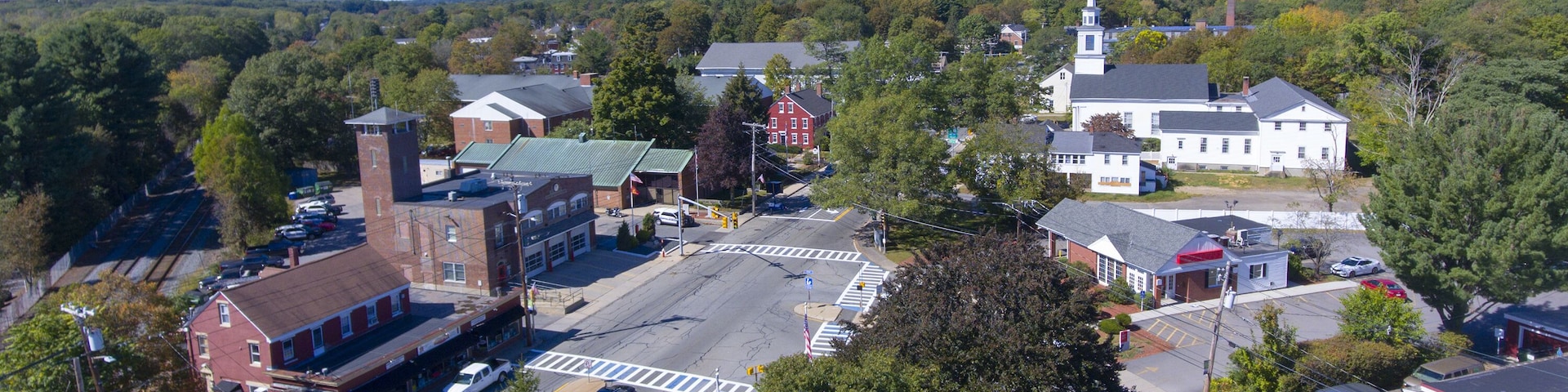 Ashland town center aerial view including Federated Church and Town Hall in Ashland, Massachusetts, USA.