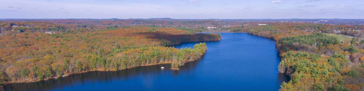Ashland Reservoir aerial view with fall foliage in Ashland State Park in town of Ashland, Massachusetts MA, USA.