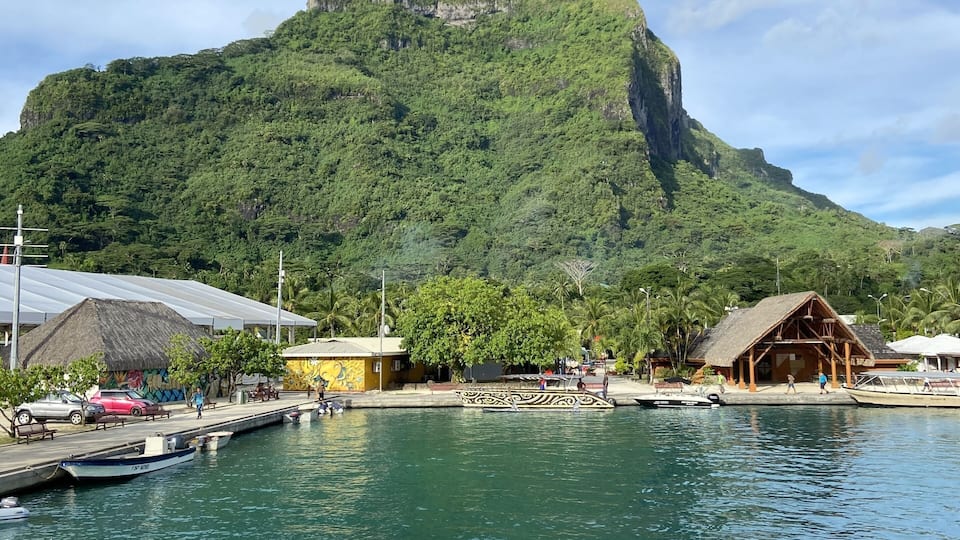 A tropical island with a large mountain, a dock with boats, and a small building with a thatched roof.