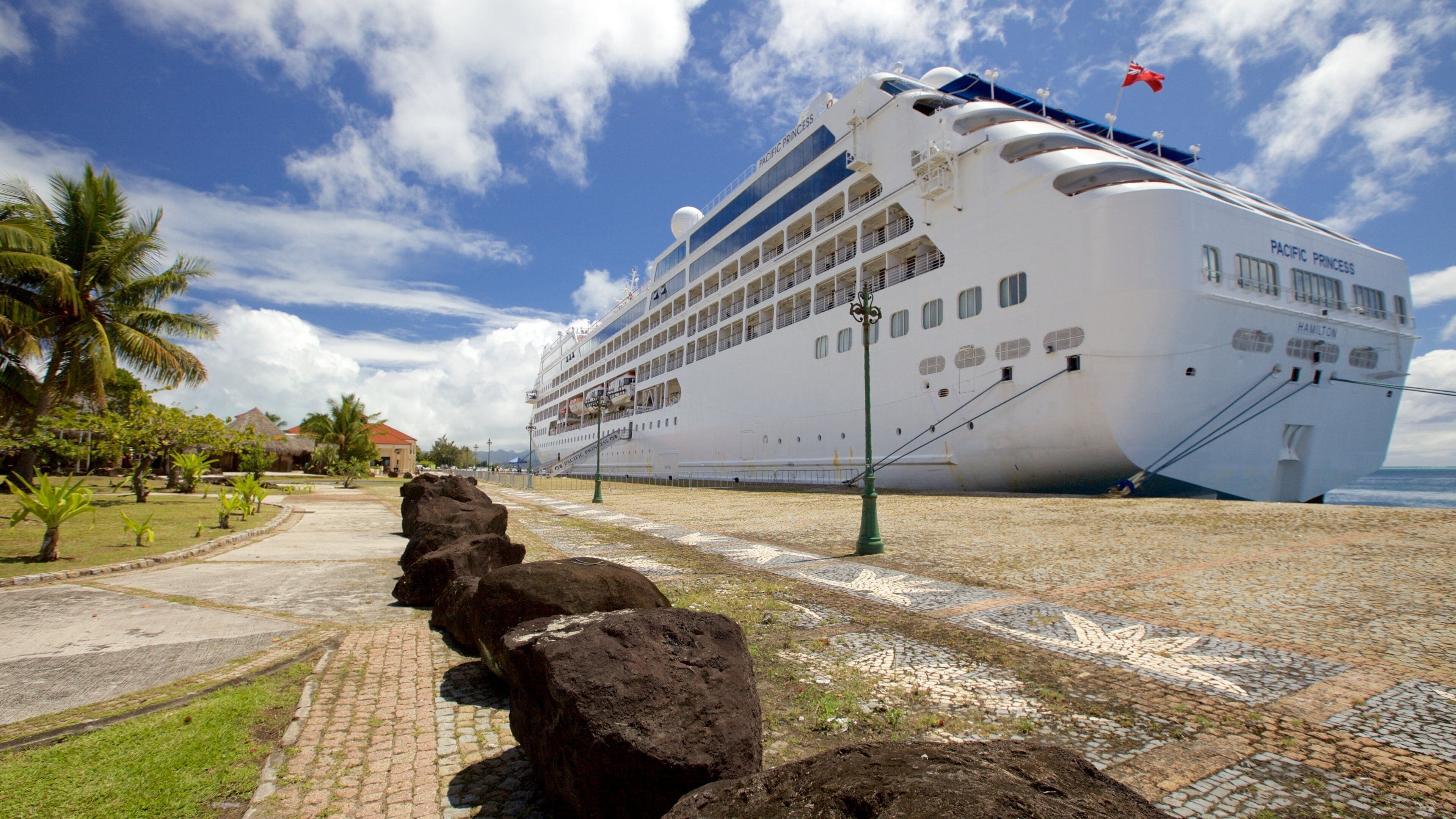 A large cruise ship named Pacific Princess docked at a port with a clear sky and palm trees in the background.
