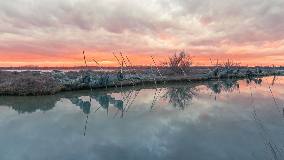 Vue filets de pêche sur un étang de la Camargue, réserve naturelle protégée du sud de la France