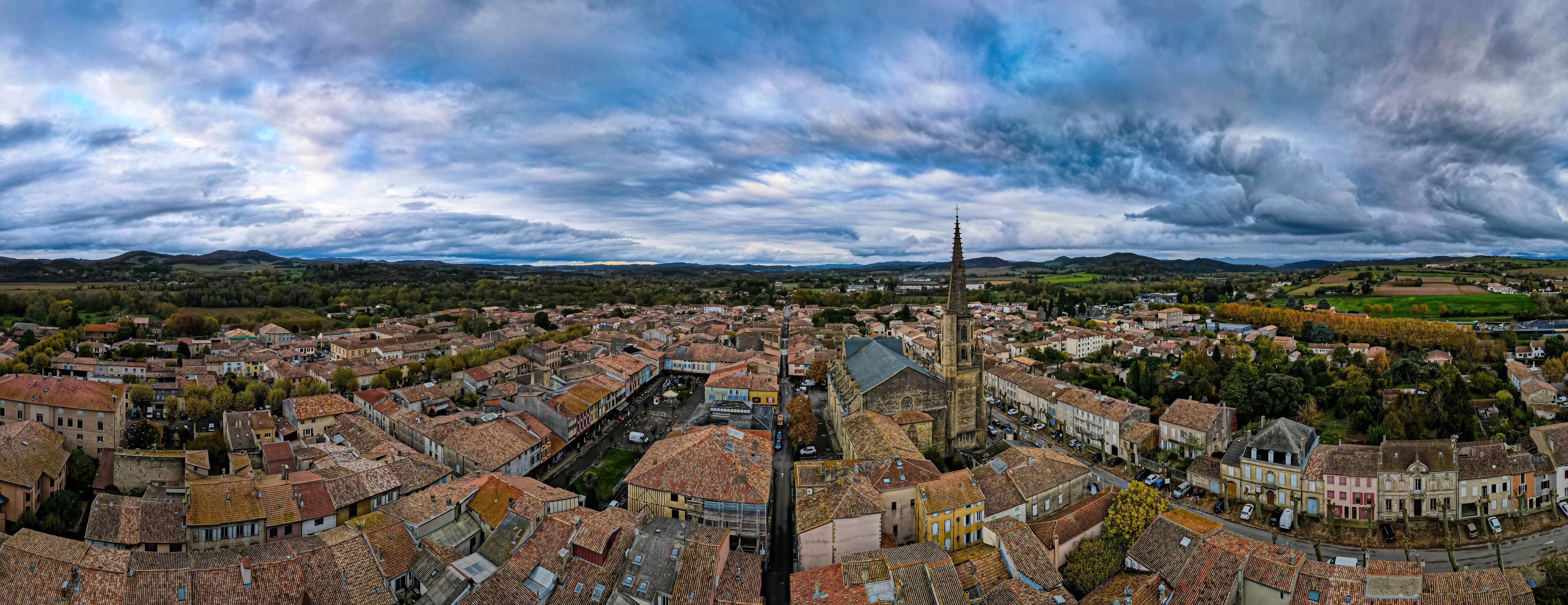 An aerial view of Mirepoix,  a commune in the Ariège department in southwestern France