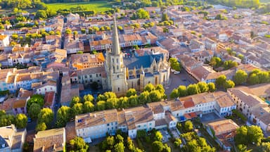 Un pueblo histórico con una iglesia destacada que presenta una aguja alta y una catedral con techo azul.