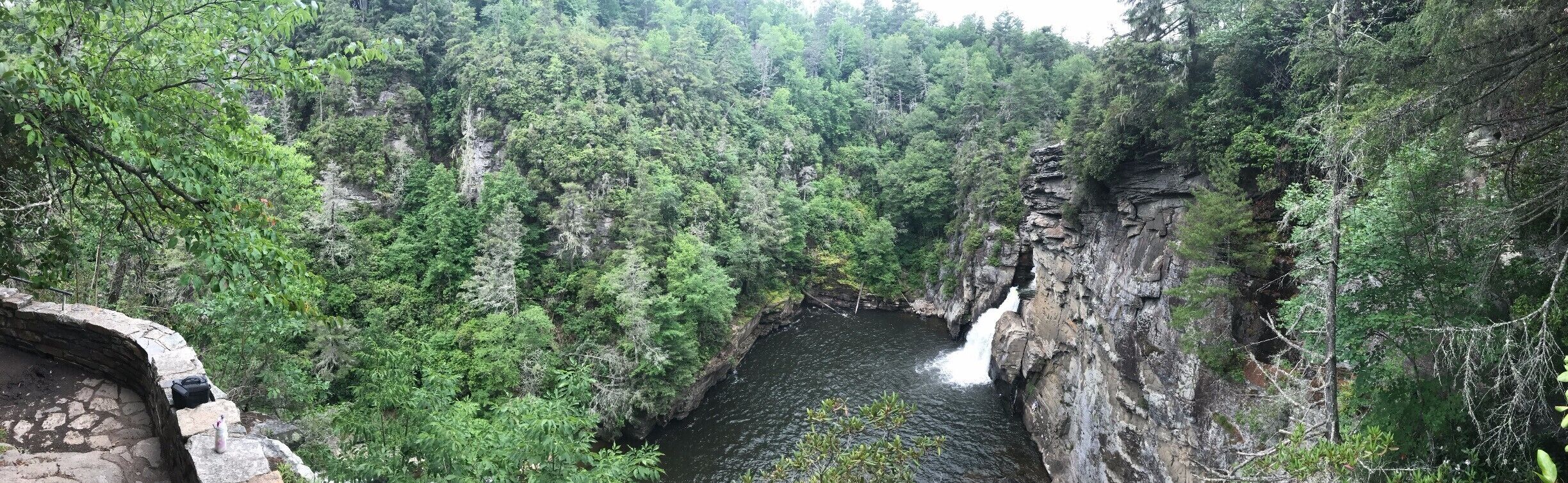 Jonas Ridge.  This panoramic photo was taken June 25th around 1:30 pm.  This view is less than a mile hike from the entrance of the park (mile post 316).  Though the hike is rated “difficult” the gorge is a pretty easy hike…I would brace yourself if you plan on hiking down to the basin.  Though this area has lots of winter resorts, Linville Falls is a great place for free fun in the summer time.  The river basin overflows with people enjoying a refreshing swim after a nice hike.  Though the people here do not look the same and appear to be of varying ages, they all gather in the same “hang out spot”.
#AppalachianEchoes